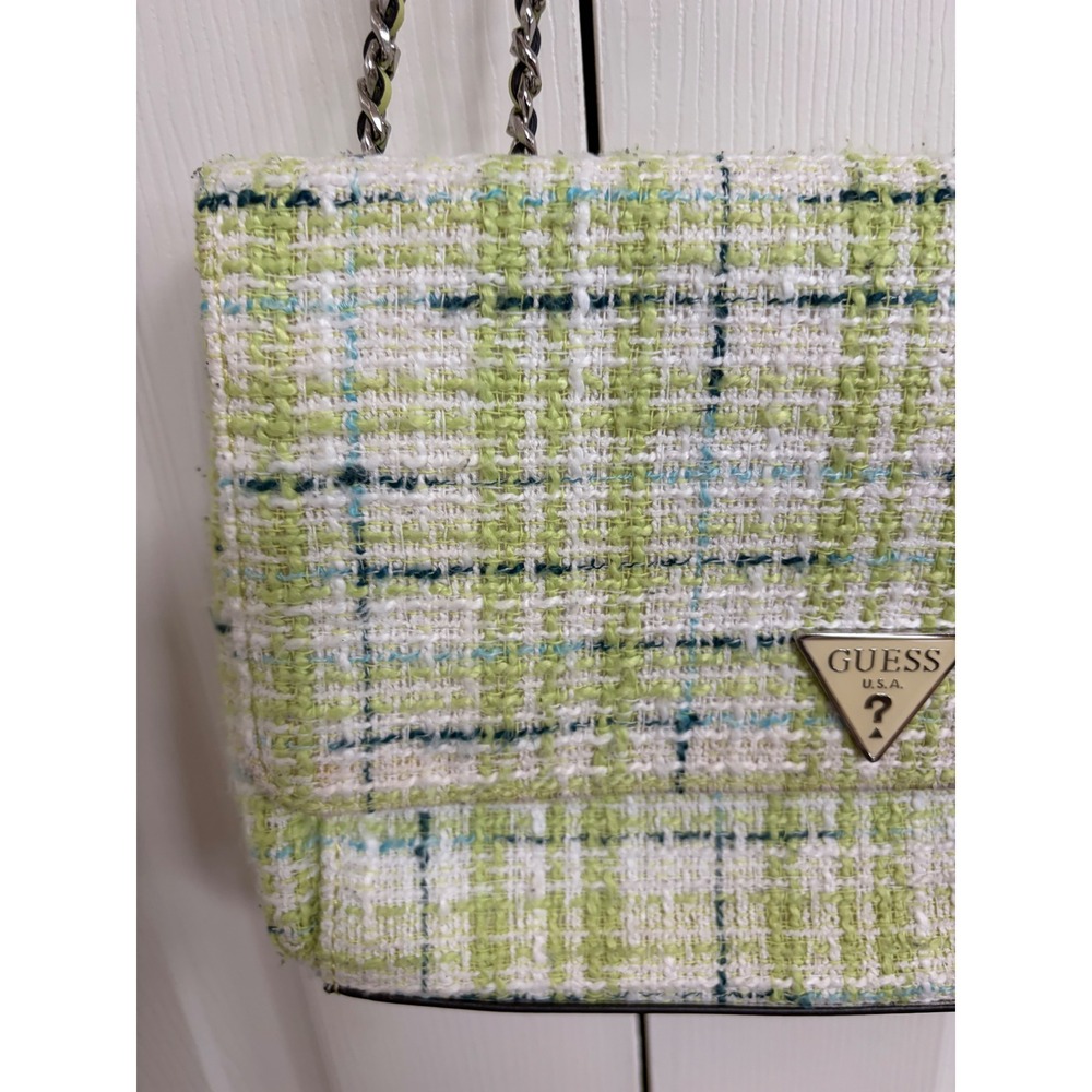 Guess Cessily Tweed Chain 2-Way Shoulder Bag In Lime Multi View 3